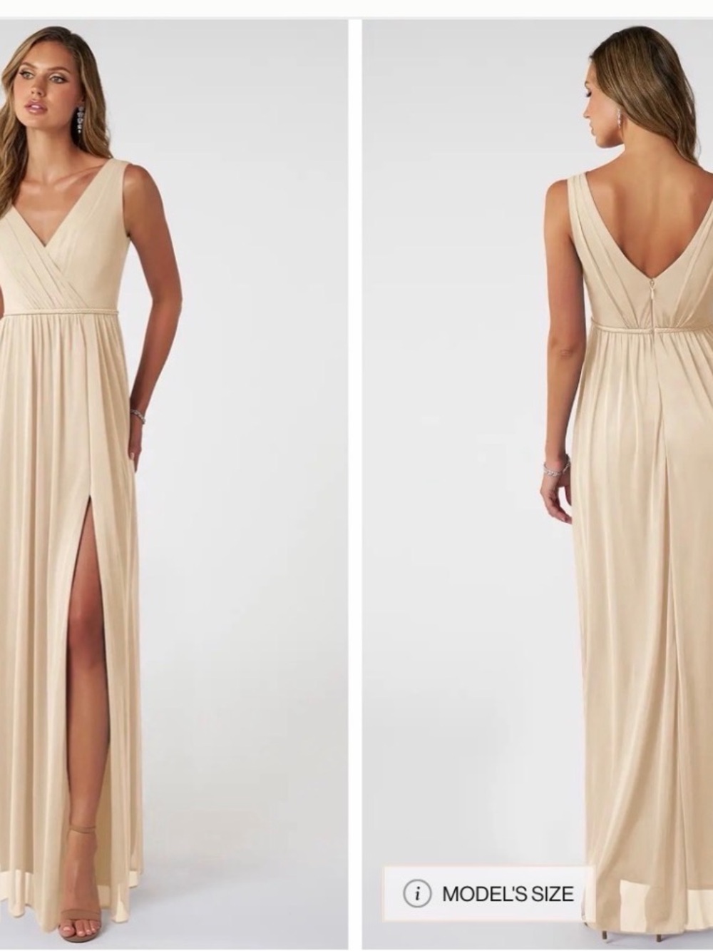 Azazie Beige Sleeveless V-Neck Maxi Dress with Front Slit